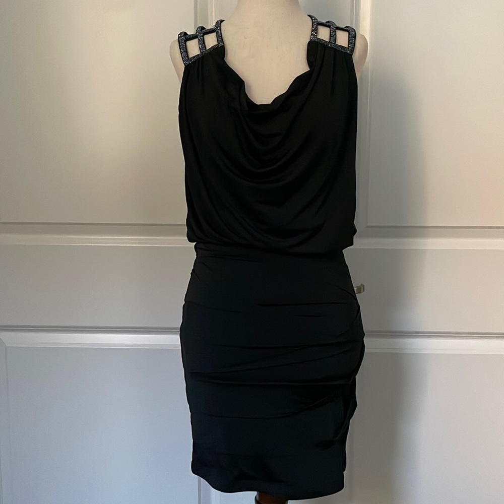 NEW City Triangles Ruched Fitted Bodycon Black Mini Dress Beaded Web Drape Neck
